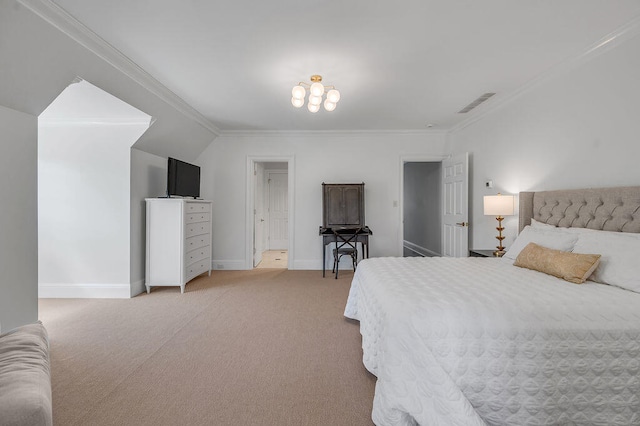 carpeted bedroom with crown molding