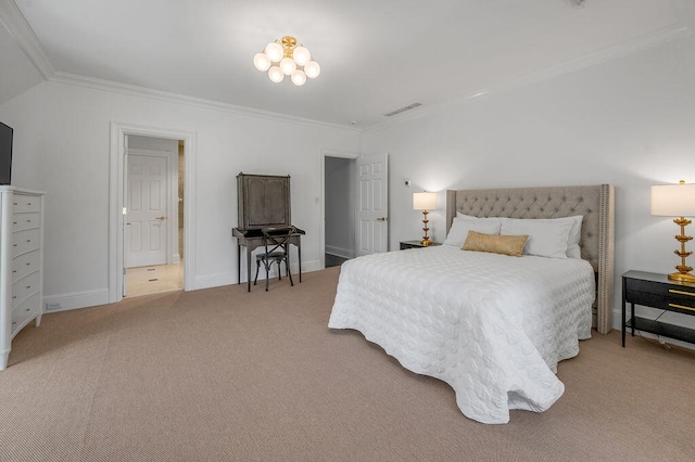 carpeted bedroom with ornamental molding