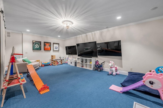 game room with ornamental molding and carpet floors