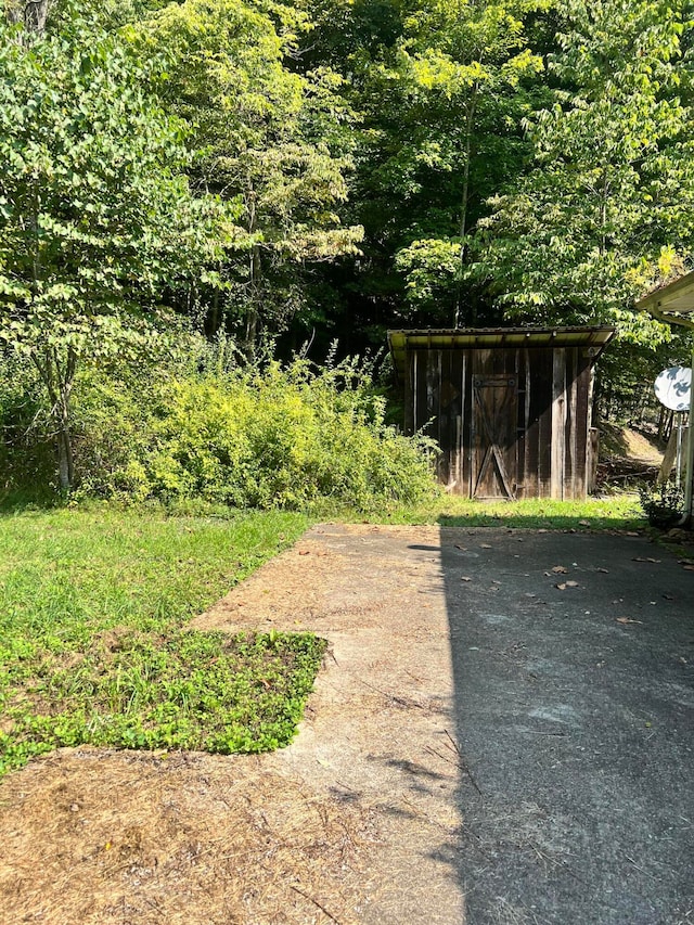 view of yard with a storage shed