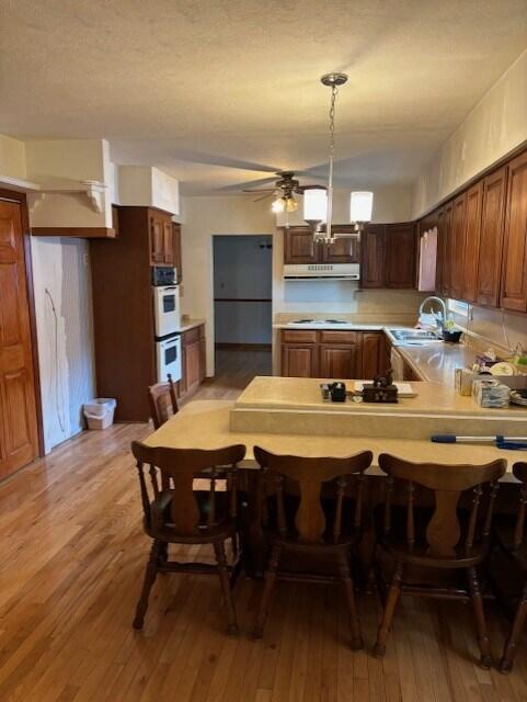 kitchen with white appliances, decorative light fixtures, sink, and light hardwood / wood-style flooring