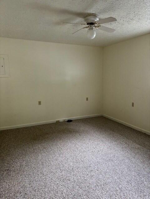 empty room with carpet floors, a textured ceiling, and ceiling fan