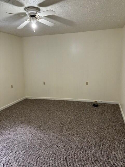 empty room featuring carpet, a textured ceiling, and ceiling fan