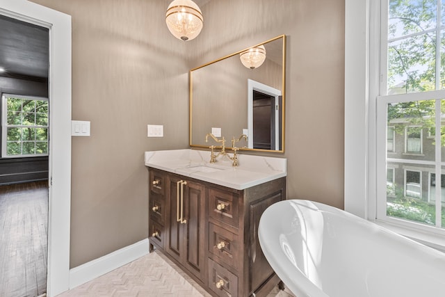 bathroom with vanity, a bathing tub, plenty of natural light, and hardwood / wood-style floors