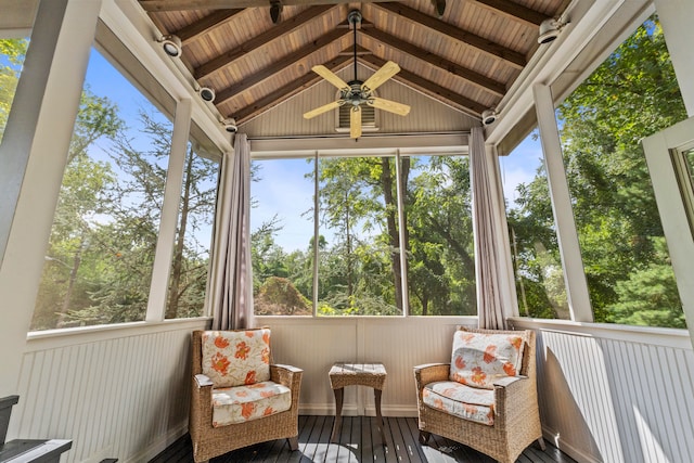 sunroom / solarium featuring lofted ceiling with beams, plenty of natural light, and wooden ceiling