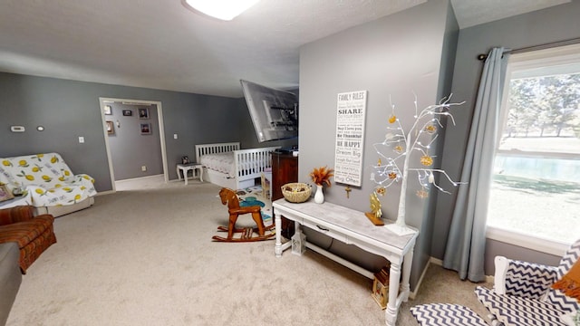 recreation room featuring light colored carpet