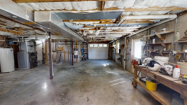 basement with heating unit and water heater