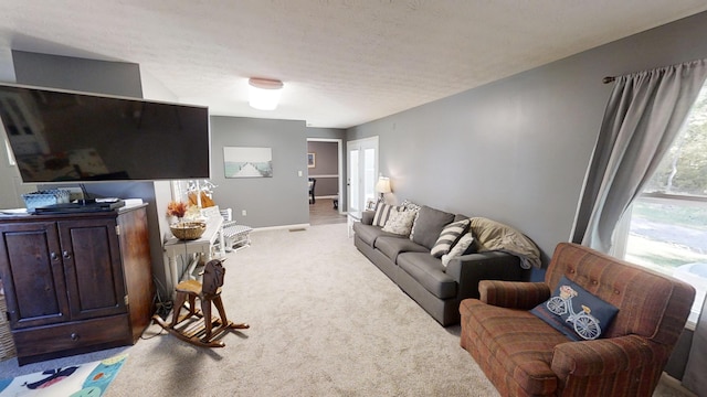 living room featuring a textured ceiling and carpet