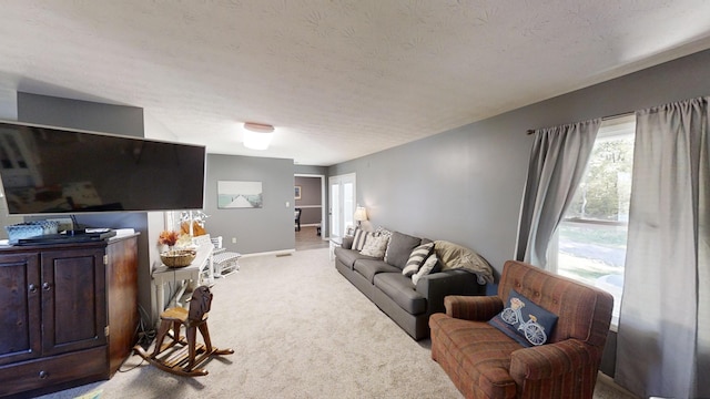 living room featuring carpet floors and a textured ceiling