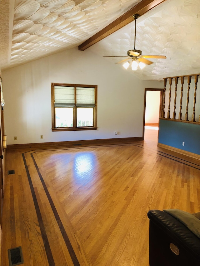 unfurnished living room with lofted ceiling with beams, light hardwood / wood-style floors, and ceiling fan