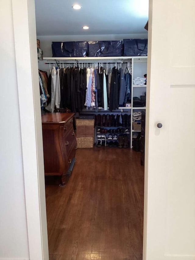 spacious closet featuring dark hardwood / wood-style floors