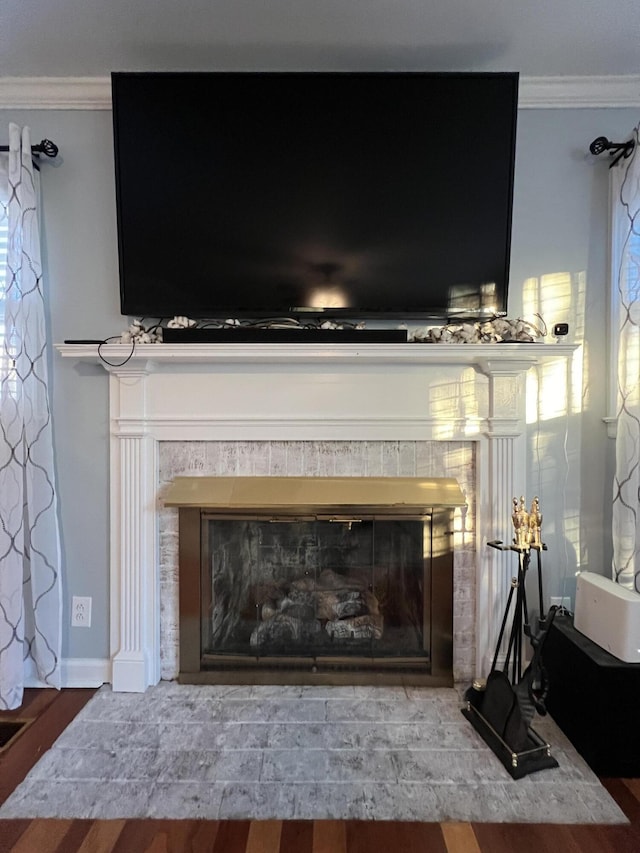 details featuring a fireplace, wood finished floors, crown molding, and baseboards