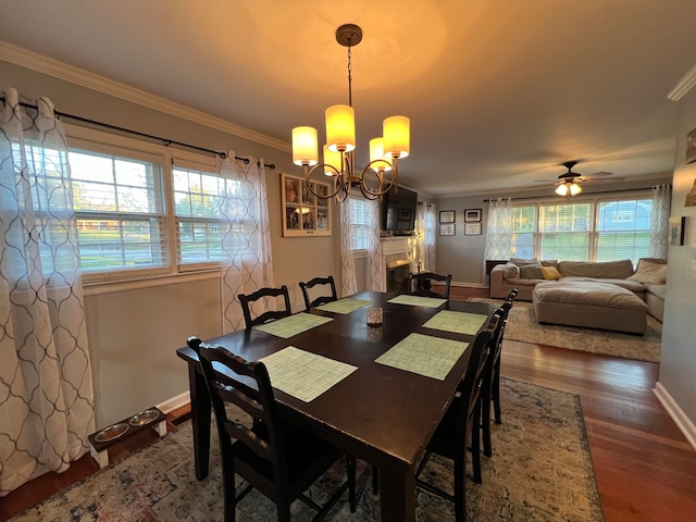 dining area featuring hardwood / wood-style floors, ceiling fan with notable chandelier, crown molding, and a wealth of natural light