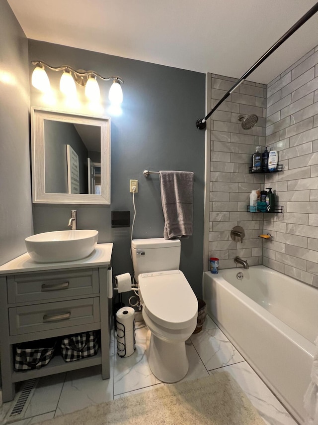 full bathroom featuring vanity,  shower combination, marble finish floor, toilet, and visible vents