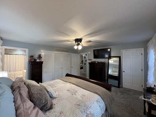 bedroom featuring a ceiling fan, carpet, and a closet