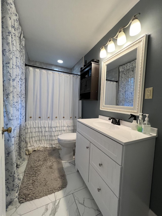 bathroom featuring vanity, marble finish floor, toilet, a shower with shower curtain, and recessed lighting