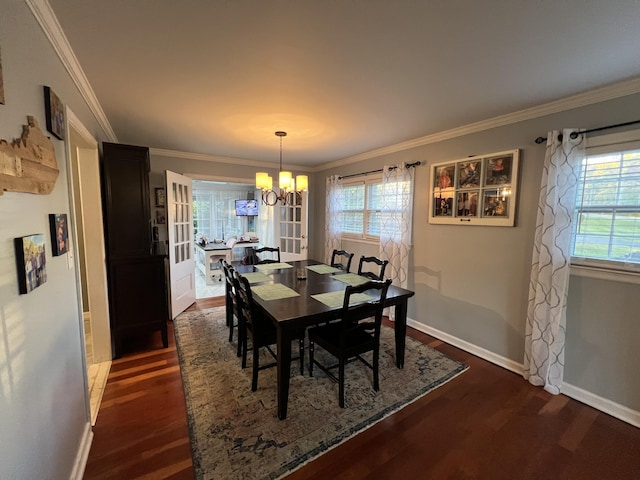 dining space with a chandelier, plenty of natural light, ornamental molding, and dark wood-style flooring