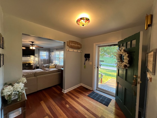 foyer entrance featuring hardwood / wood-style floors, ceiling fan, and a healthy amount of sunlight