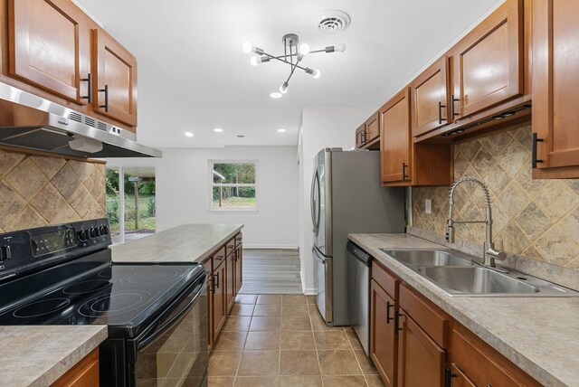 kitchen with black range with electric cooktop, tasteful backsplash, sink, stainless steel dishwasher, and ventilation hood