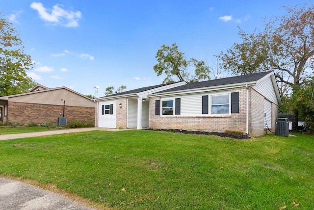 single story home with cooling unit and a front lawn