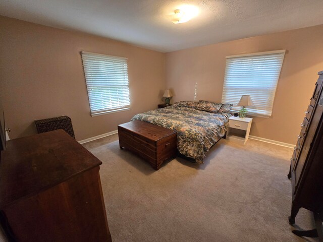 bedroom featuring light colored carpet