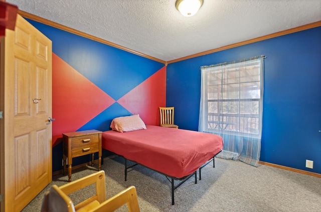 carpeted bedroom featuring a textured ceiling, vaulted ceiling, and ornamental molding