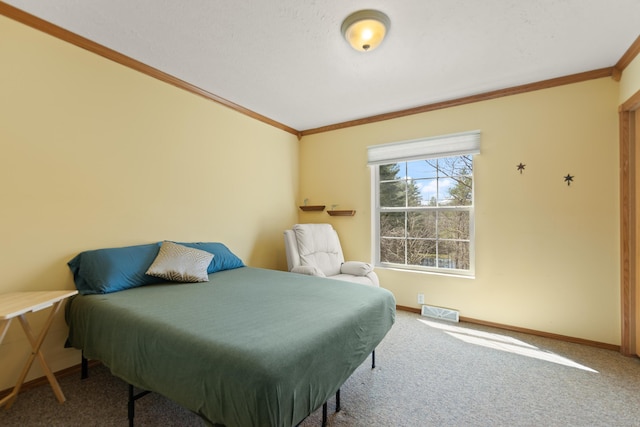 carpeted bedroom with ornamental molding