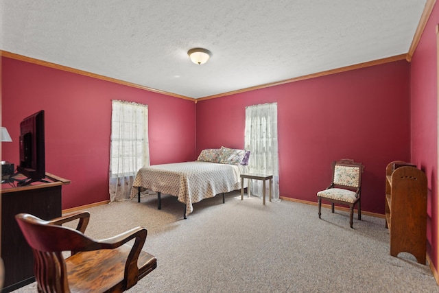 carpeted bedroom with crown molding and a textured ceiling