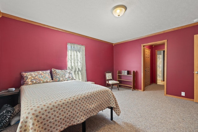 carpeted bedroom featuring crown molding