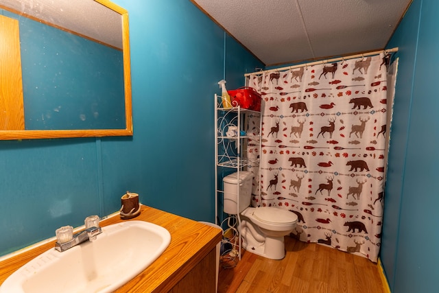 bathroom with toilet, hardwood / wood-style floors, curtained shower, vanity, and a textured ceiling