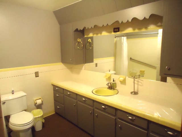 bathroom featuring vanity, toilet, and tile walls