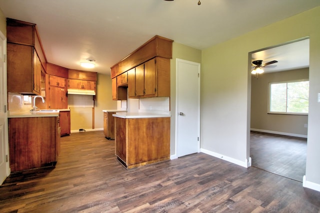 kitchen with decorative backsplash, dark hardwood / wood-style floors, sink, and ceiling fan