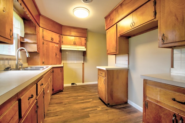 kitchen featuring sink, dark hardwood / wood-style flooring, and tasteful backsplash