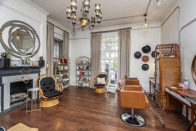 302 W High St, Lexington, KY 40507 - sitting room with crown molding, a chandelier, wood finished floors, and a high end fireplace