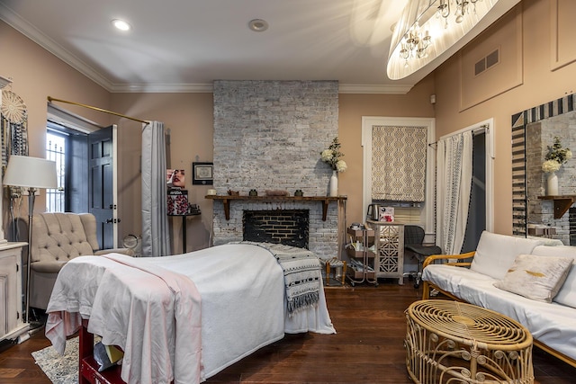302 W High St, Lexington, KY 40507 - bedroom with crown molding, a brick fireplace, wood finished floors, and recessed lighting