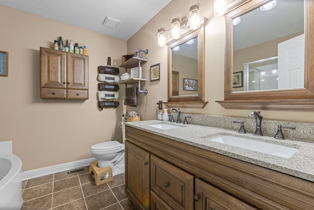 full bathroom with vanity, plus walk in shower, toilet, and tile patterned floors