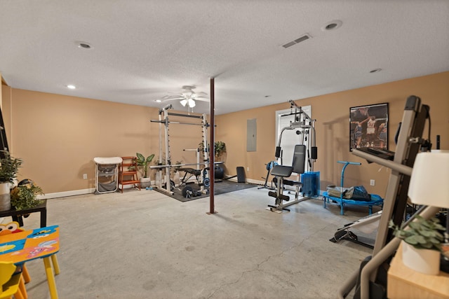 exercise room featuring ceiling fan, a textured ceiling, electric panel, and concrete flooring