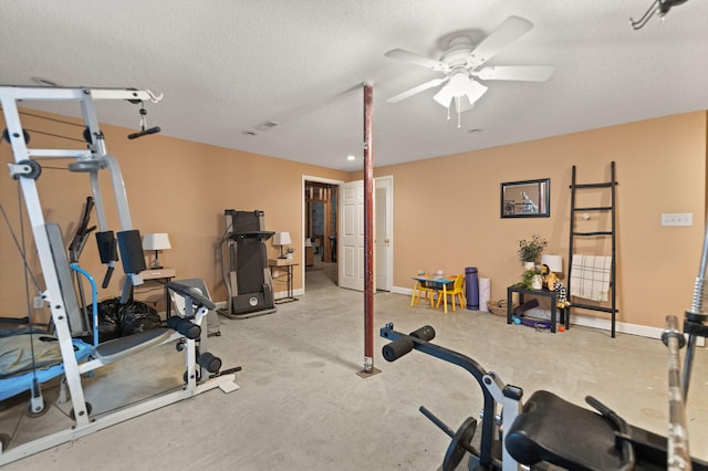 exercise area with ceiling fan and a textured ceiling