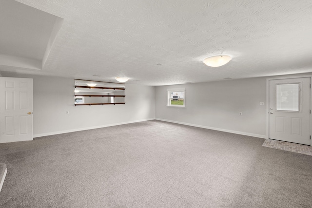 basement featuring carpet and a textured ceiling