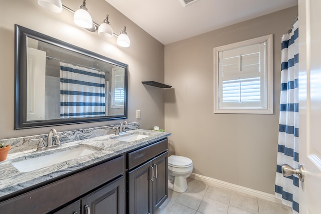 bathroom featuring vanity, toilet, and tile patterned flooring