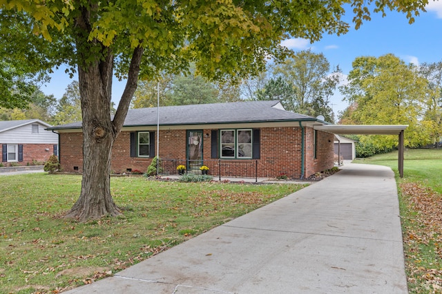 single story home with a front lawn and a carport