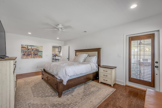 bedroom featuring light hardwood / wood-style floors, access to outside, and ceiling fan