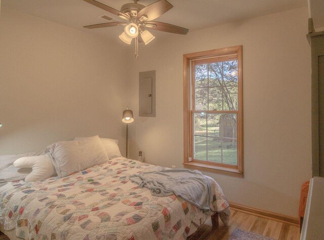 bedroom with visible vents, baseboards, electric panel, wood finished floors, and a ceiling fan