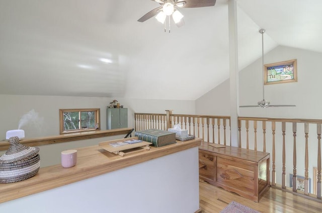 interior space featuring lofted ceiling, wood finished floors, and ceiling fan