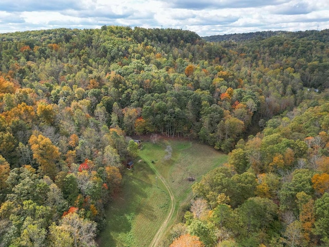 birds eye view of property featuring a wooded view