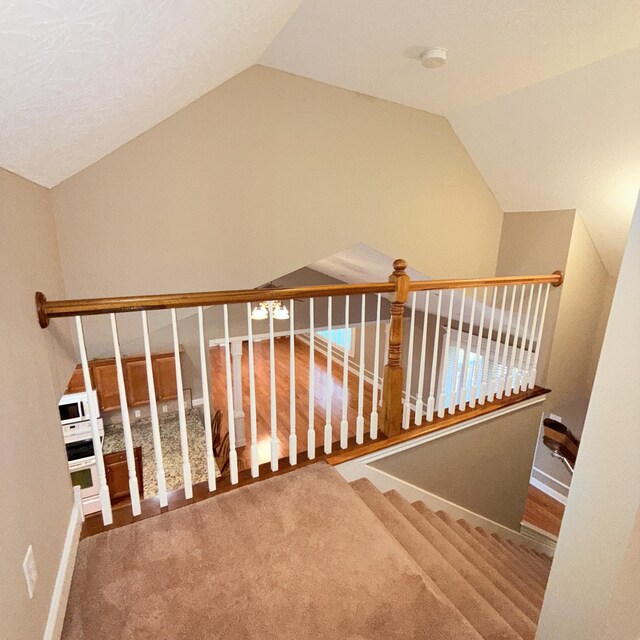 stairs with carpet floors and vaulted ceiling