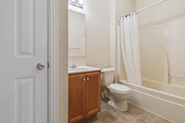 full bathroom featuring shower / bath combination with curtain, vanity, and toilet