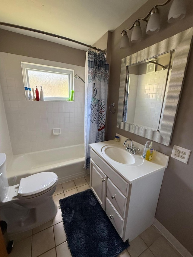 full bathroom featuring vanity, shower / tub combo, toilet, and tile patterned flooring