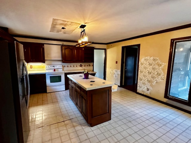 kitchen featuring dark brown cabinetry, a center island, hanging light fixtures, white electric range oven, and stainless steel fridge