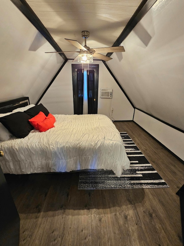 bedroom with ceiling fan, lofted ceiling with beams, dark hardwood / wood-style flooring, and a wall unit AC